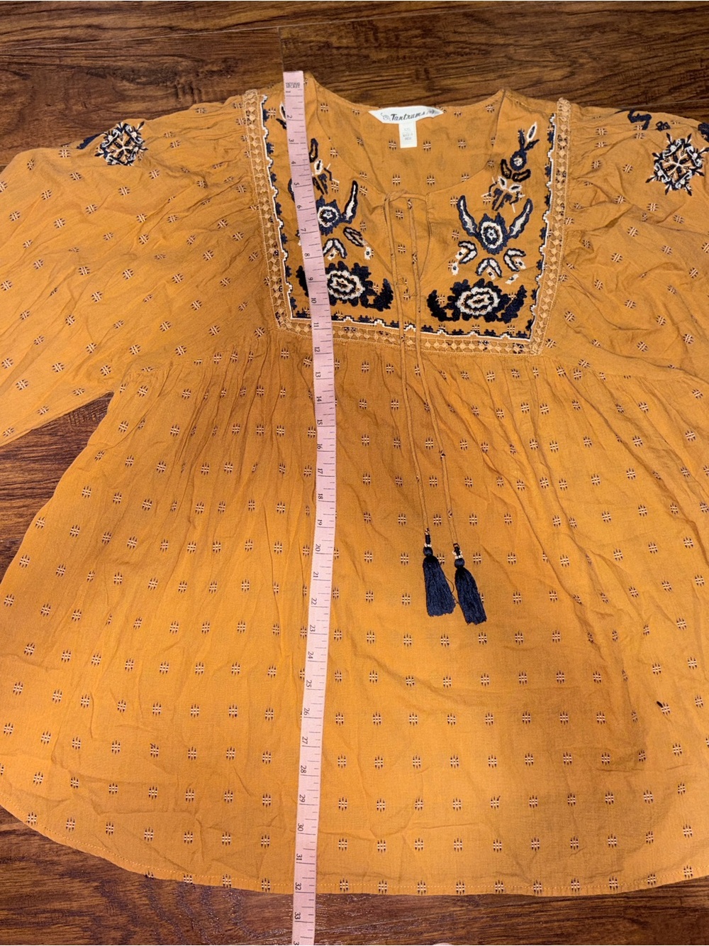 Tantrums Blouse Womens XXL Mustard Embroidered Boho Peasant Tassel Folk Top - Picture 9 of 10